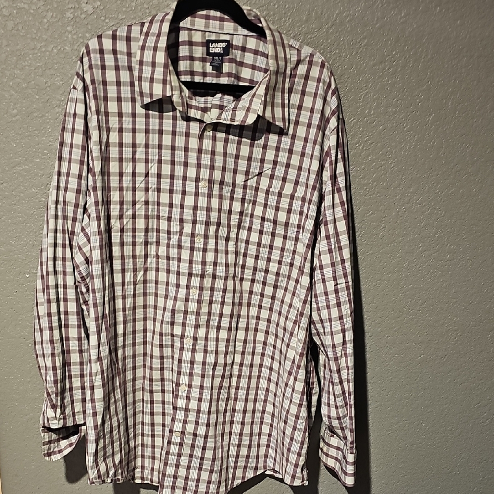 Lands' End Men's Plaid Shirt - Purple and White